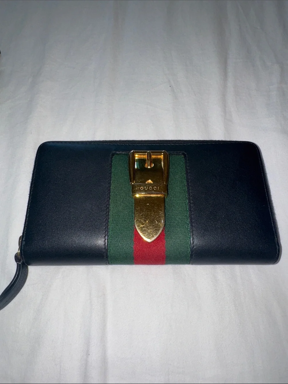 Gucci Black Leather Zip Wallet with Green and Red Web Stripe and Gold Buckle